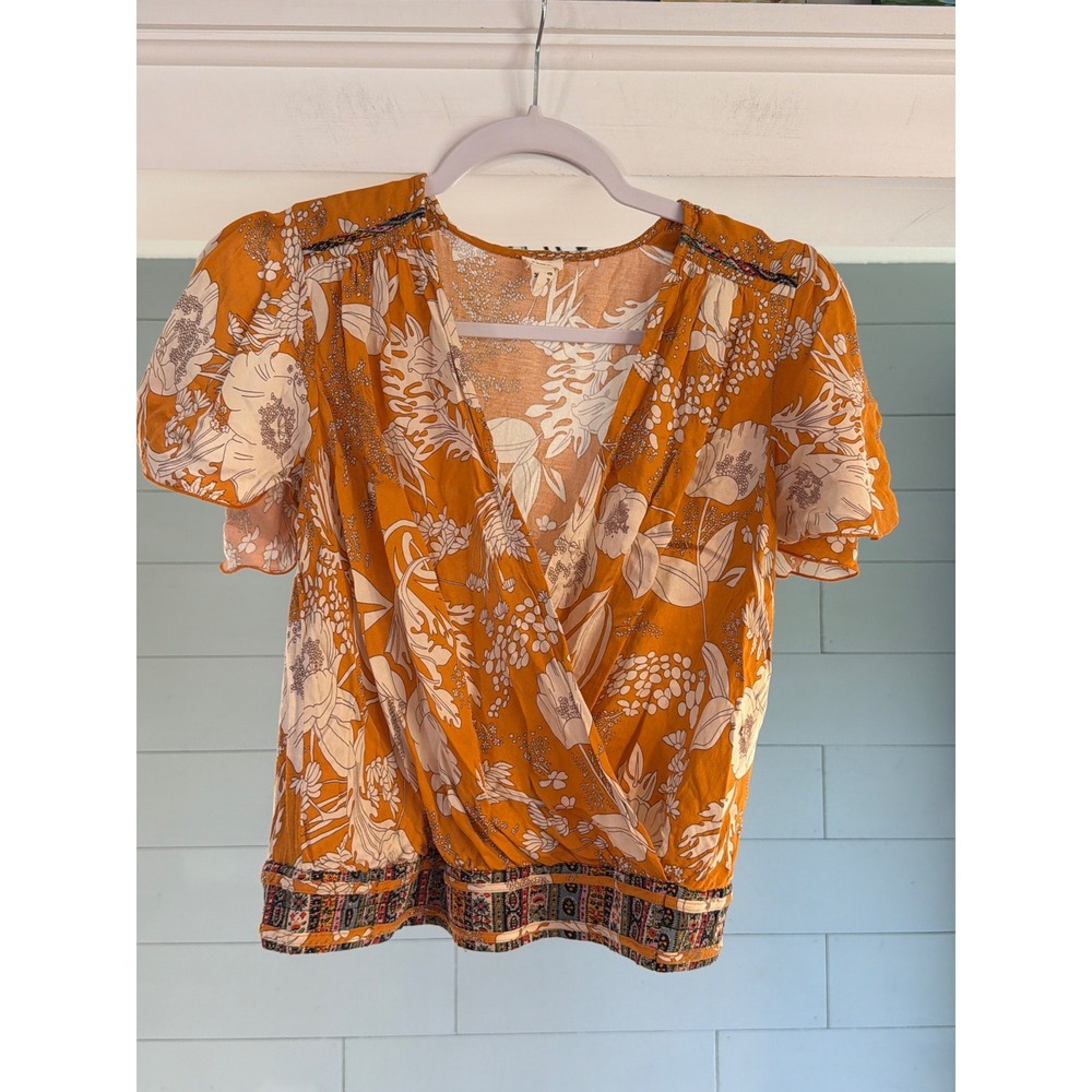 Anthropologie Tiny Floral Surplice Flutter Sleeve Blouse Orange Boho 71981TP XSP